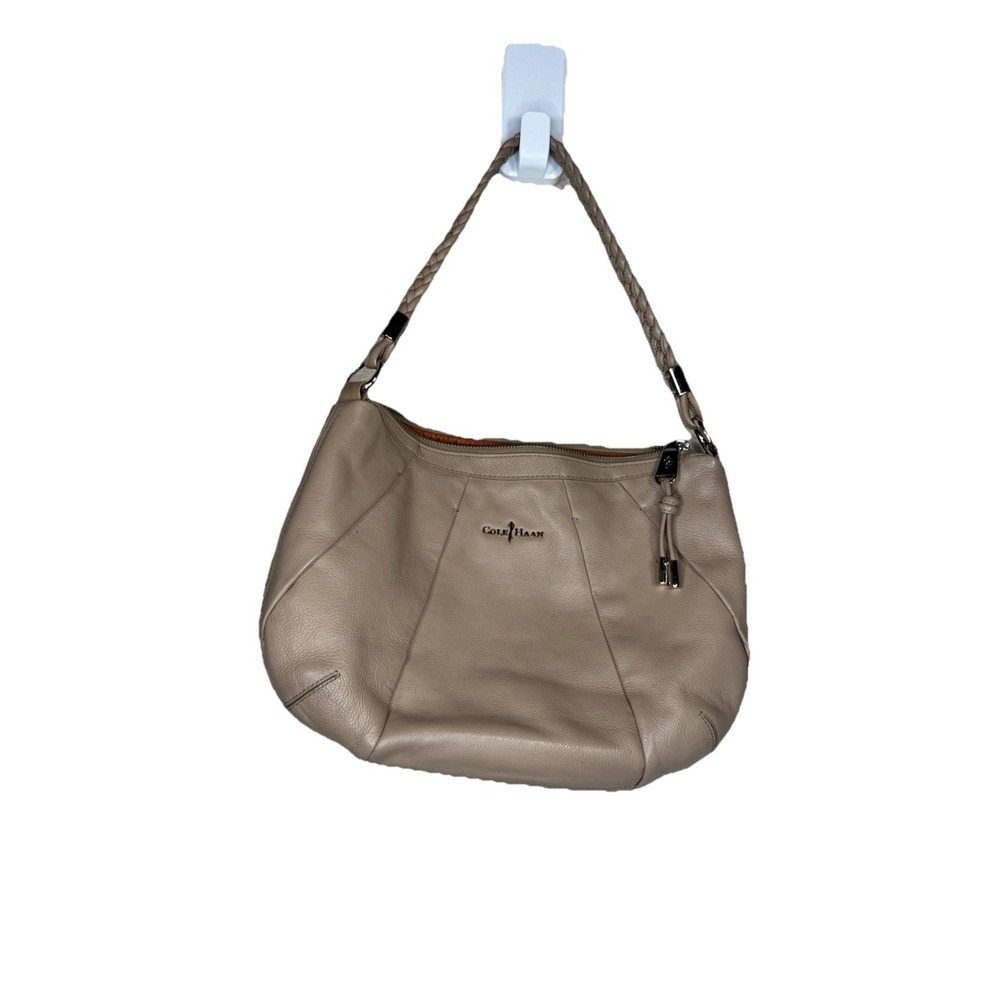 Cole Haan Leather Shoulder Bag Taupe Hobo Purse Braided Strap Slouchy